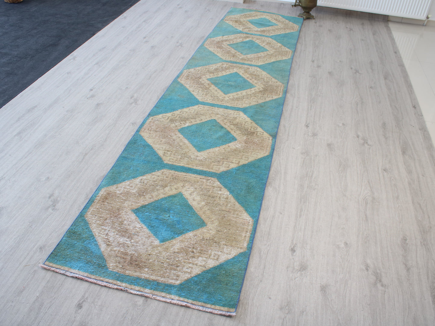 3x13 Blue Beige Handmade Oriental Vintage Oushak Runner Rug | Turkish Wool Hallway Runner