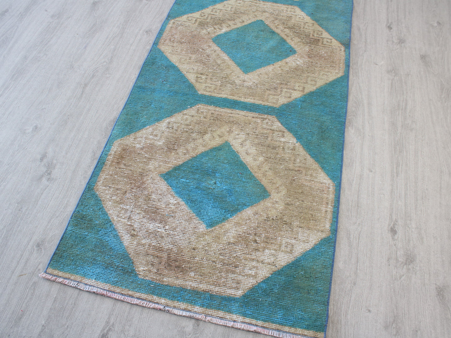 3x13 Blue Beige Handmade Oriental Vintage Oushak Runner Rug | Turkish Wool Hallway Runner