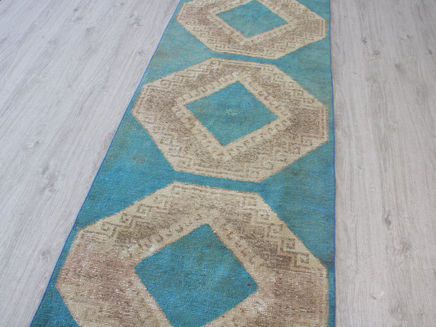 3x13 Blue Beige Handmade Oriental Vintage Oushak Runner Rug | Turkish Wool Hallway Runner