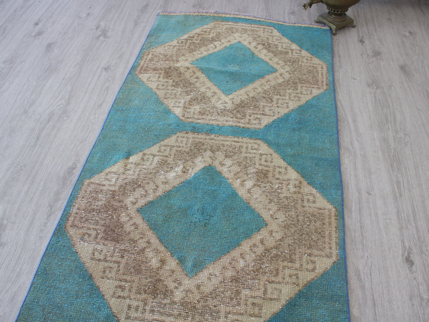 3x13 Blue Beige Handmade Oriental Vintage Oushak Runner Rug | Turkish Wool Hallway Runner