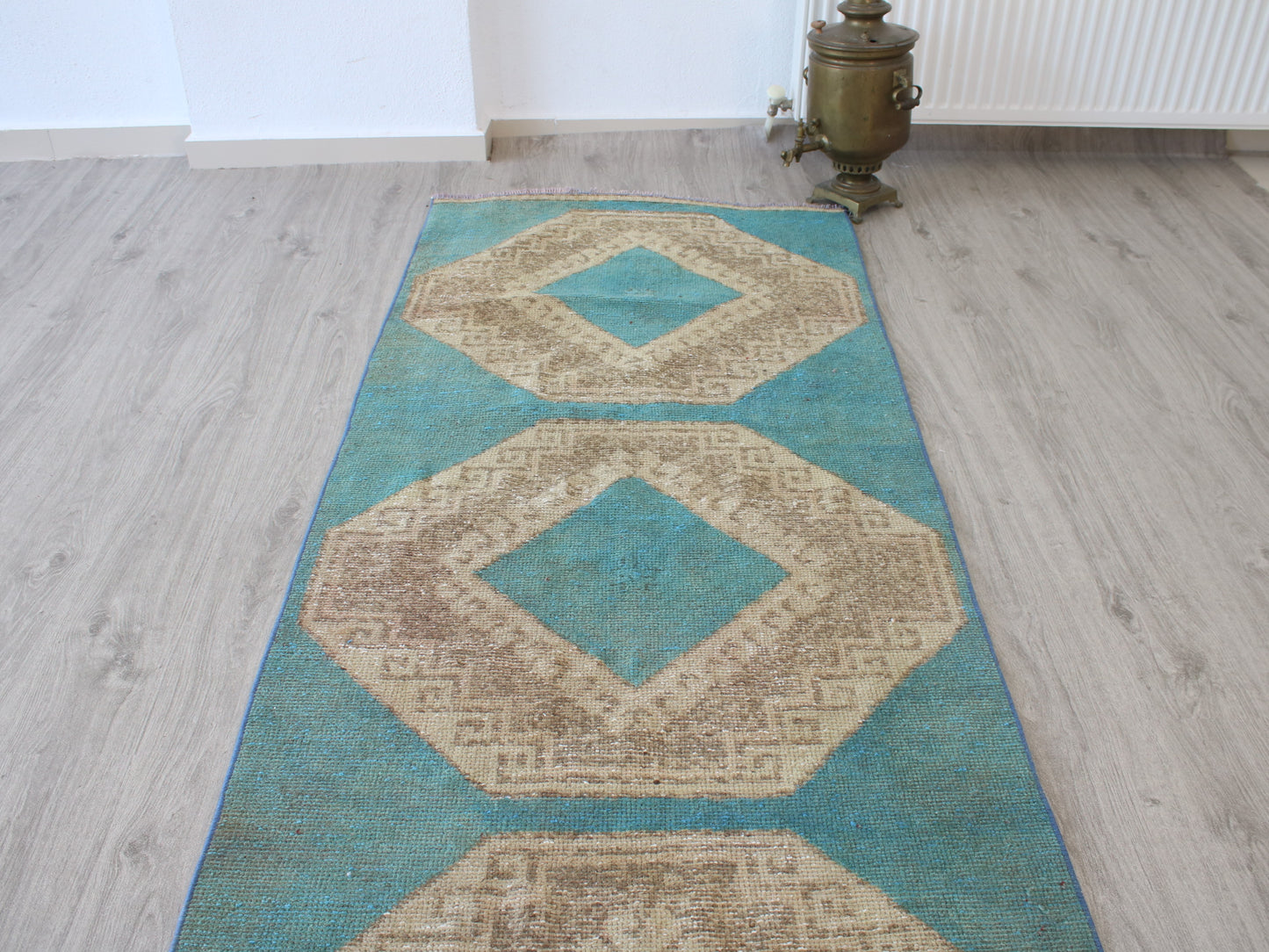 3x13 Blue Beige Handmade Oriental Vintage Oushak Runner Rug | Turkish Wool Hallway Runner