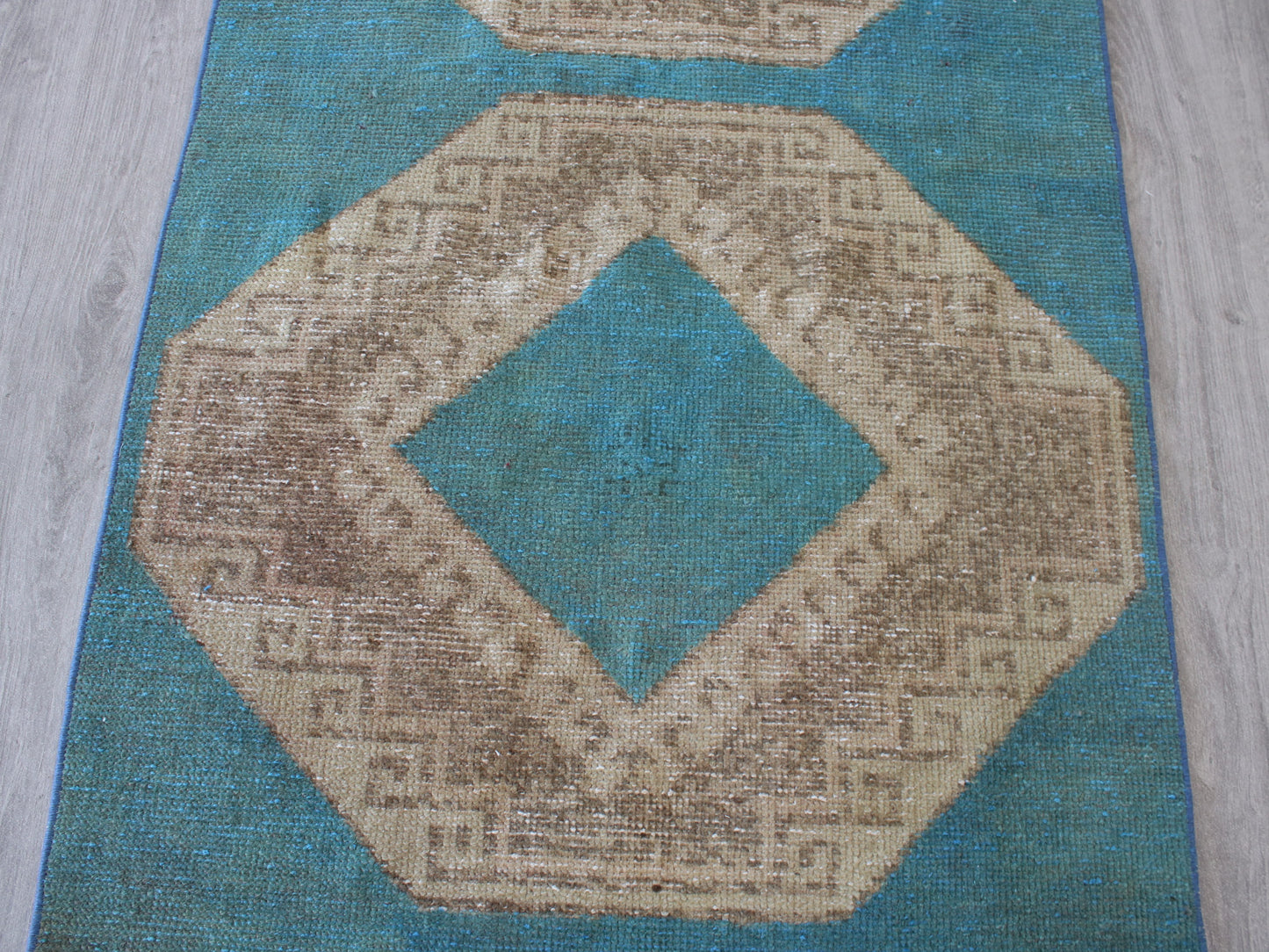 3x13 Blue Beige Handmade Oriental Vintage Oushak Runner Rug | Turkish Wool Hallway Runner