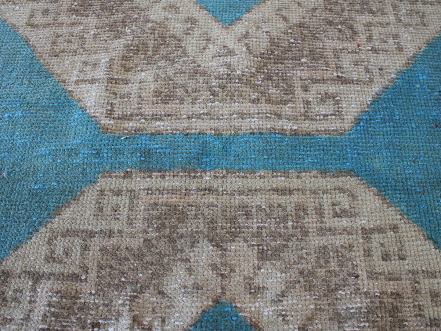 3x13 Blue Beige Handmade Oriental Vintage Oushak Runner Rug | Turkish Wool Hallway Runner