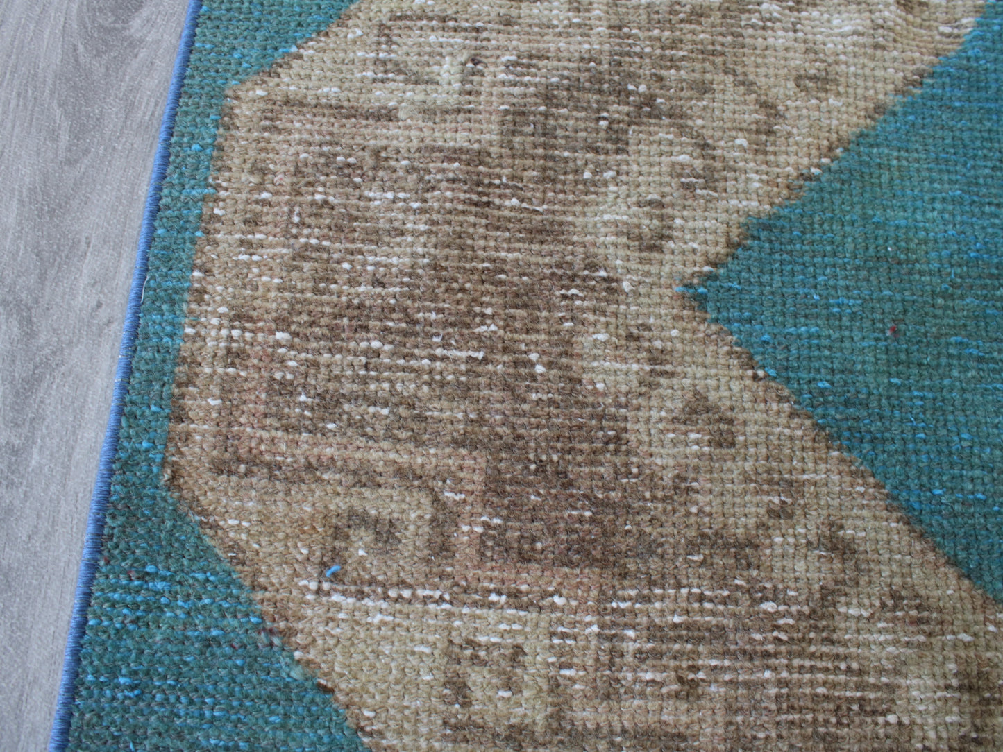 3x13 Blue Beige Handmade Oriental Vintage Oushak Runner Rug | Turkish Wool Hallway Runner