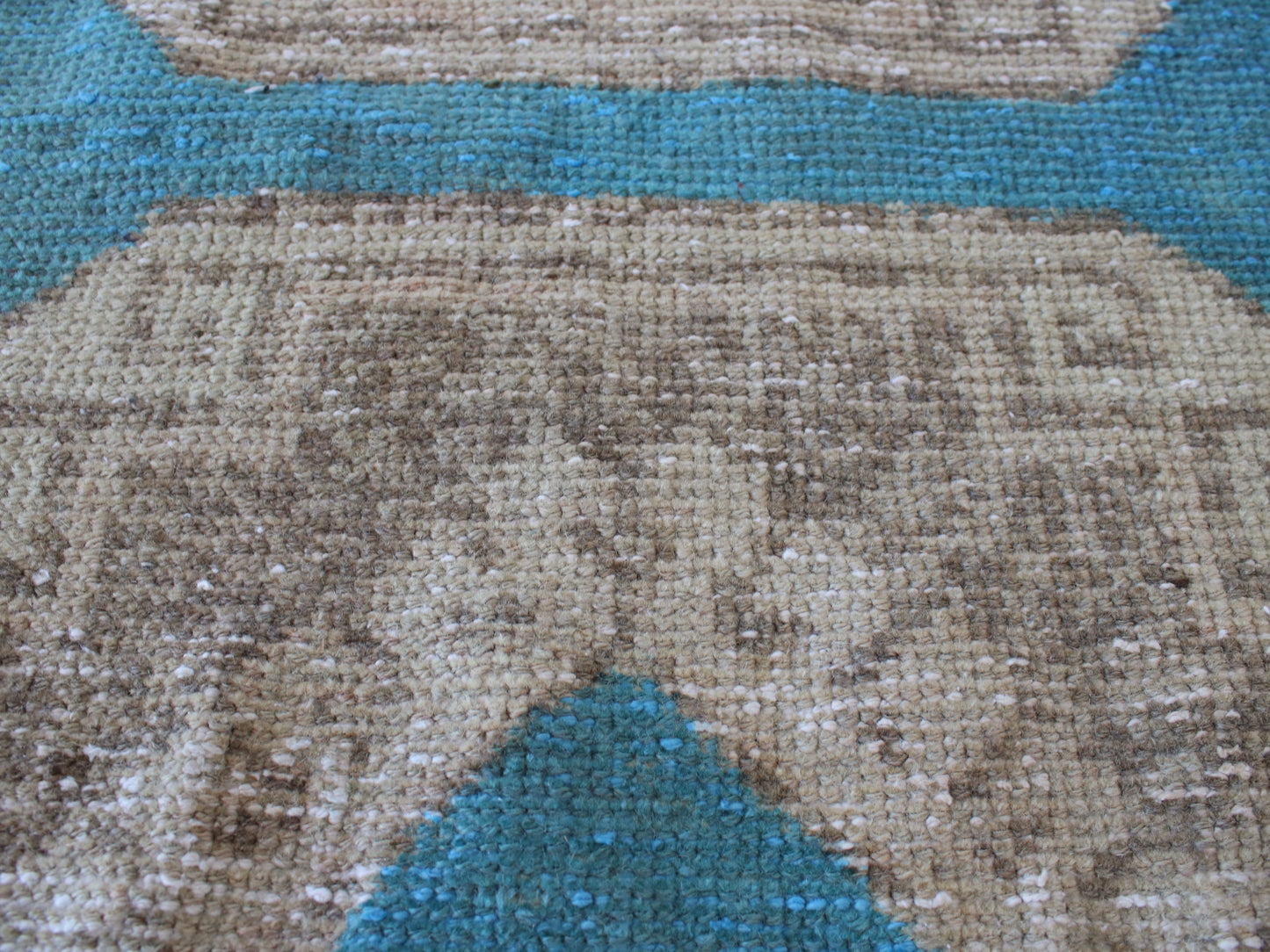 3x13 Blue Beige Handmade Oriental Vintage Oushak Runner Rug | Turkish Wool Hallway Runner