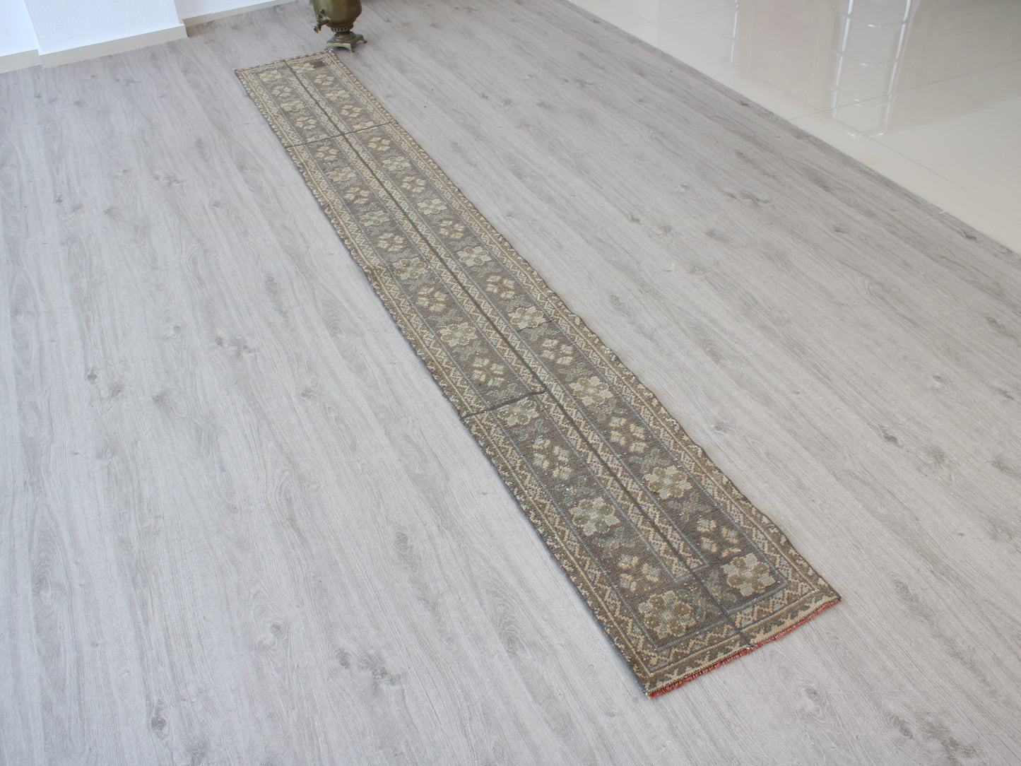1x11 Gray Beige Patchwork Oriental Vintage Handmade Runner Rug | Turkish Wool Hallway Runner