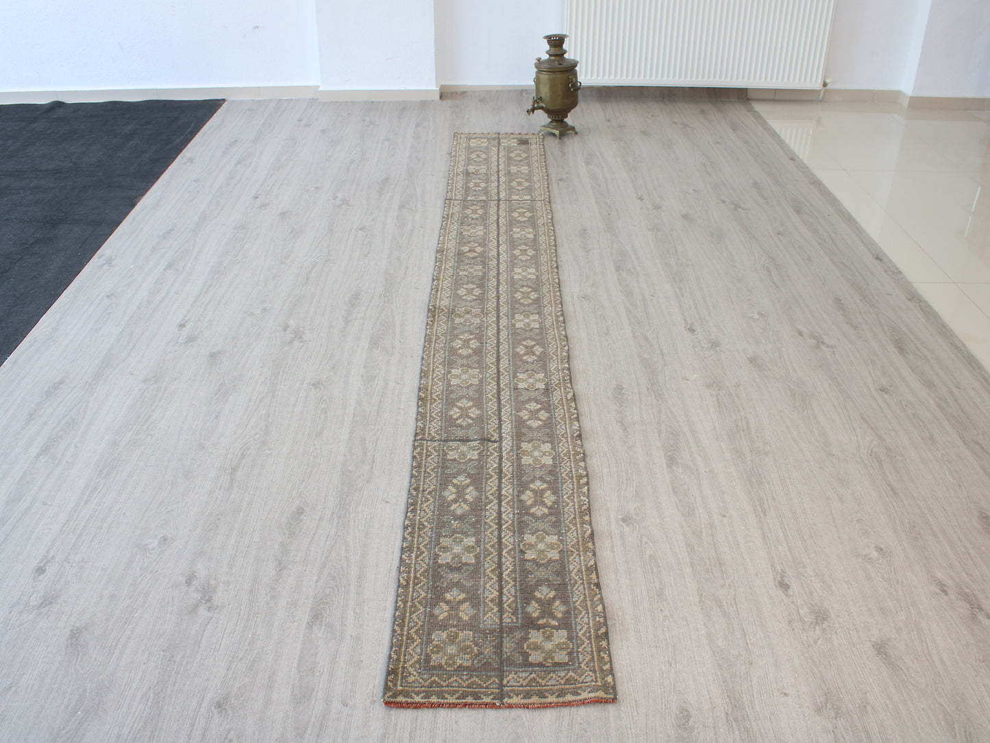 Gray Beige Handmade Vintage Patchwork Runner Rug - 1x11 Turkish Wool Hallway Runner