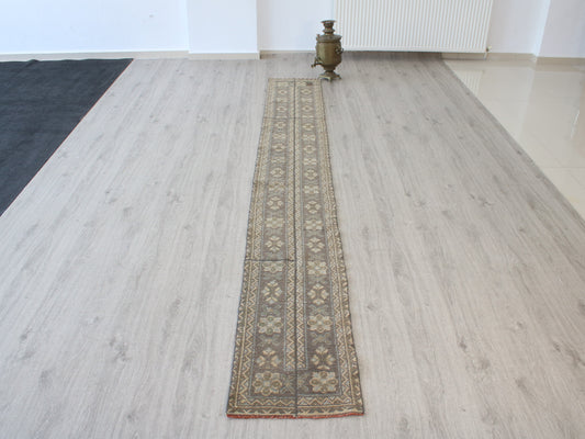 Gray Beige Handmade Vintage Patchwork Runner Rug - 1x11 Turkish Wool Hallway Runner