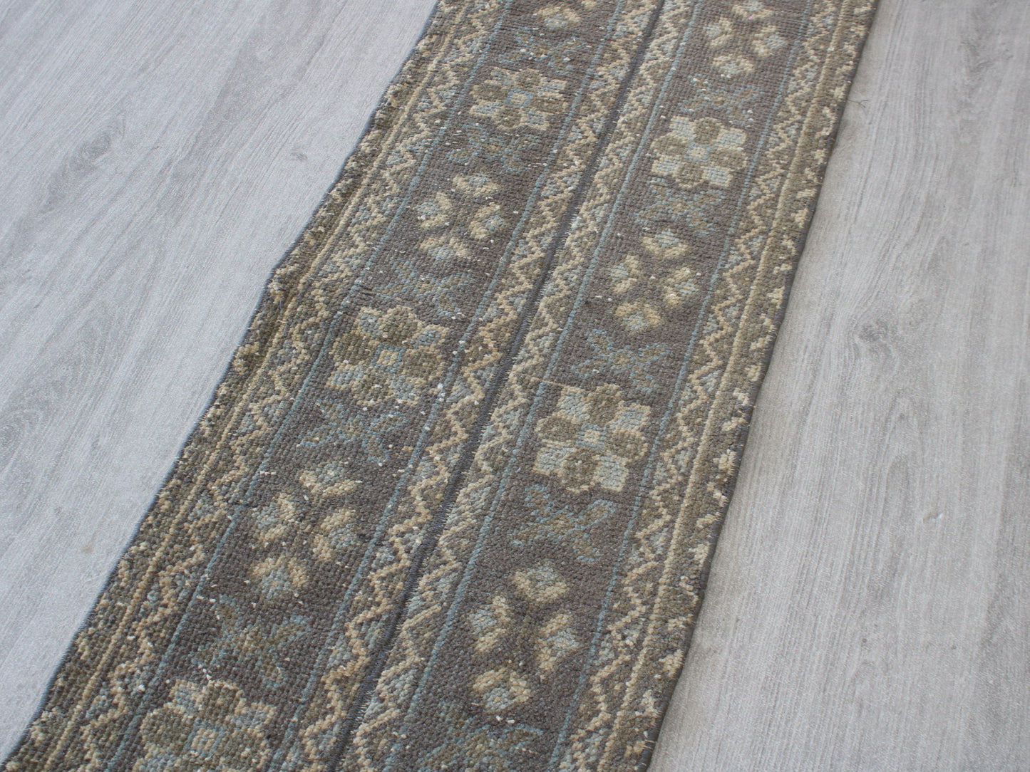 1x11 Gray Beige Patchwork Oriental Vintage Handmade Runner Rug | Turkish Wool Hallway Runner