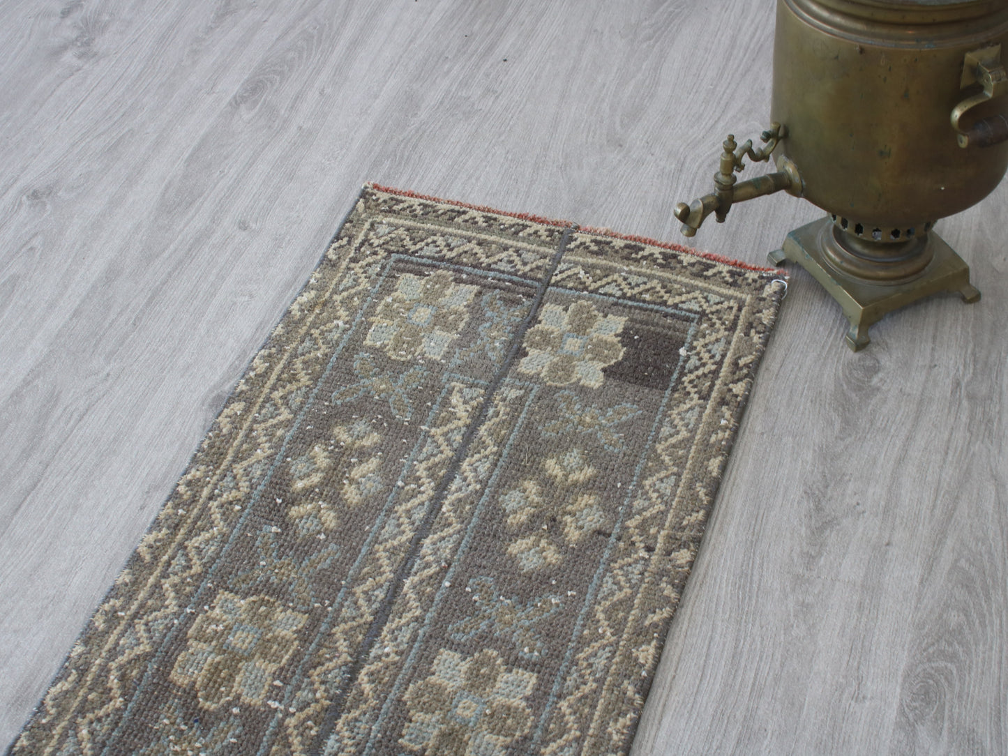 1x11 Gray Beige Patchwork Oriental Vintage Handmade Runner Rug | Turkish Wool Hallway Runner