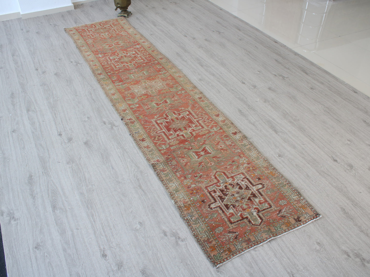 2x11 Red Beige Persian Oriental Handmade Vintage Runner Rug | Turkish Wool Hallway Runner