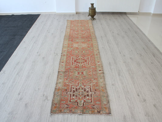 2x11 Red Beige Persian Oriental Handmade Vintage Runner Rug | Turkish Wool Hallway Runner