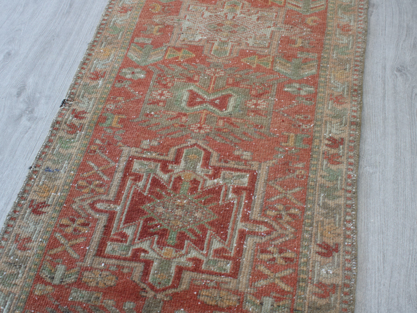 2x11 Red Beige Persian Oriental Handmade Vintage Runner Rug | Turkish Wool Hallway Runner