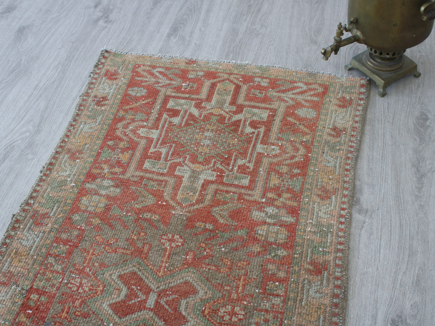 2x11 Red Beige Persian Oriental Handmade Vintage Runner Rug | Turkish Wool Hallway Runner