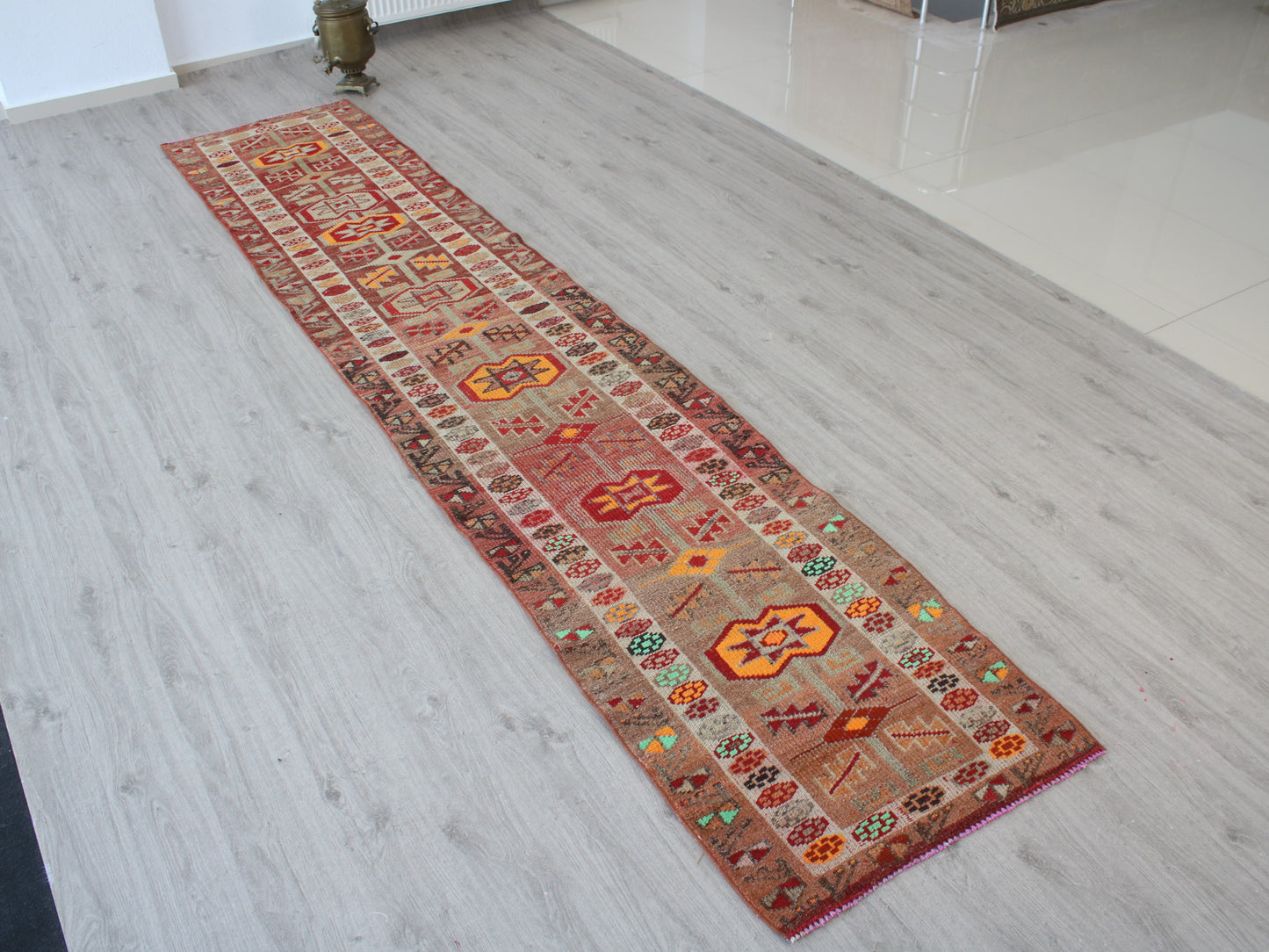 3x13 Orange White Oriental Vintage Handmade Herki Runner Rug | Turkish Wool Hallway Runner