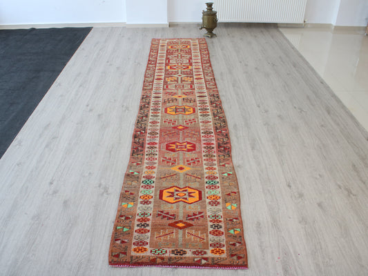 Orange White Handmade Vintage Herki Runner Rug - 3x13 Turkish Wool Hallway Runner