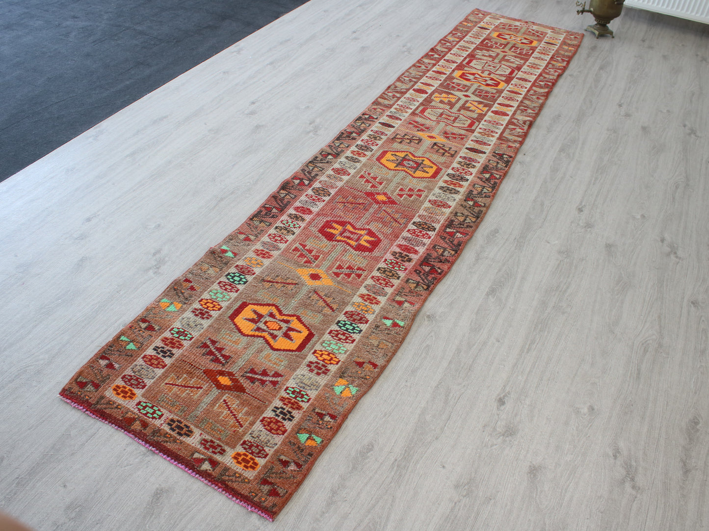 3x13 Orange White Oriental Vintage Handmade Herki Runner Rug | Turkish Wool Hallway Runner