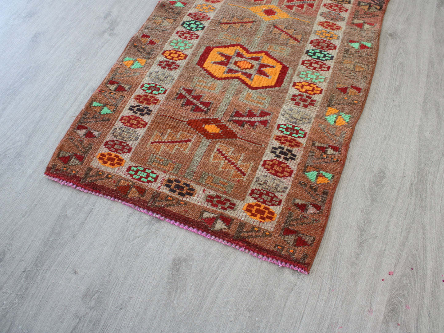 3x13 Orange White Oriental Vintage Handmade Herki Runner Rug | Turkish Wool Hallway Runner