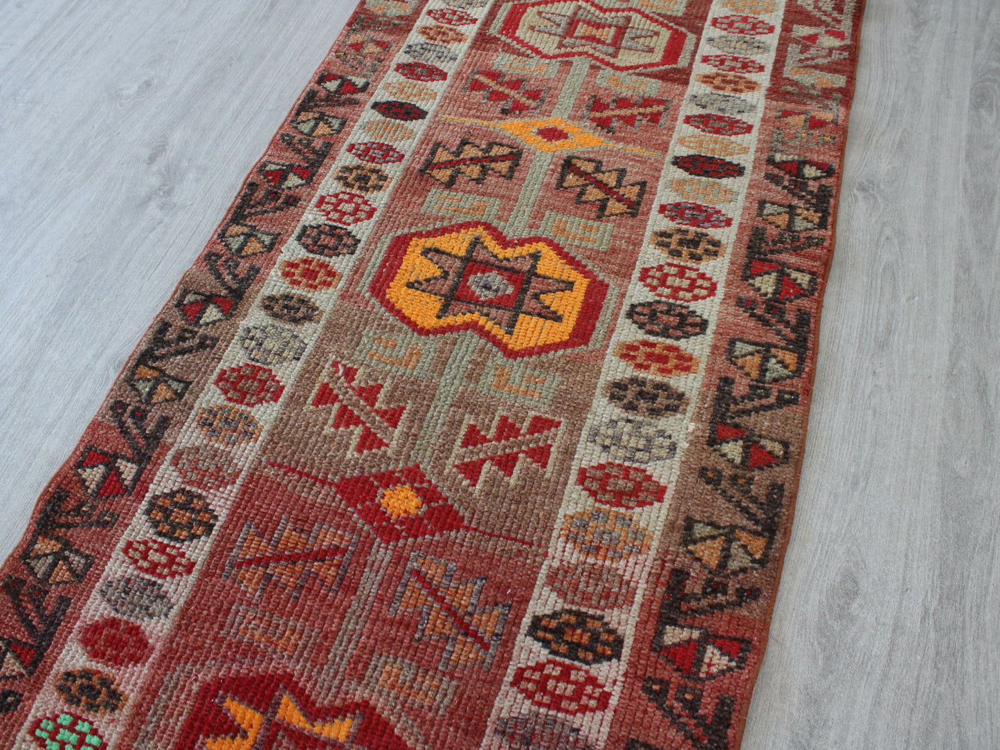 3x13 Orange White Oriental Vintage Handmade Herki Runner Rug | Turkish Wool Hallway Runner