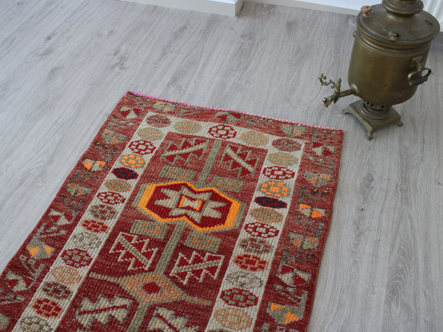3x13 Orange White Oriental Vintage Handmade Herki Runner Rug | Turkish Wool Hallway Runner
