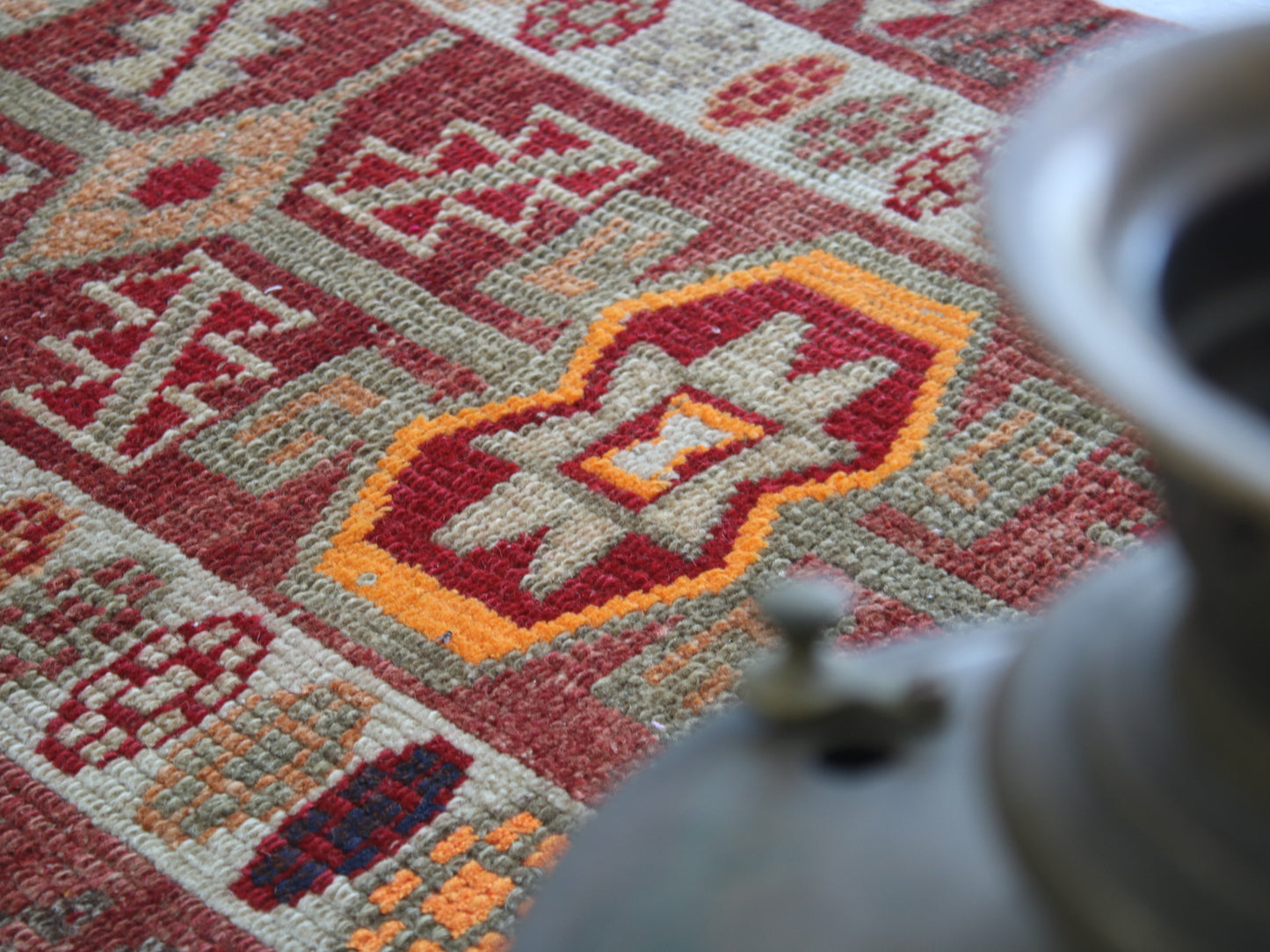 3x13 Orange White Oriental Vintage Handmade Herki Runner Rug | Turkish Wool Hallway Runner