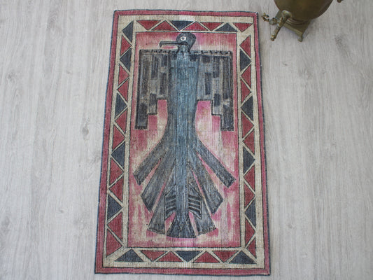 Vintage Thunder Bird Motif Rug, Bird Design Wall Hanging Rug, 2x3 Ft, Wall Decor Rug