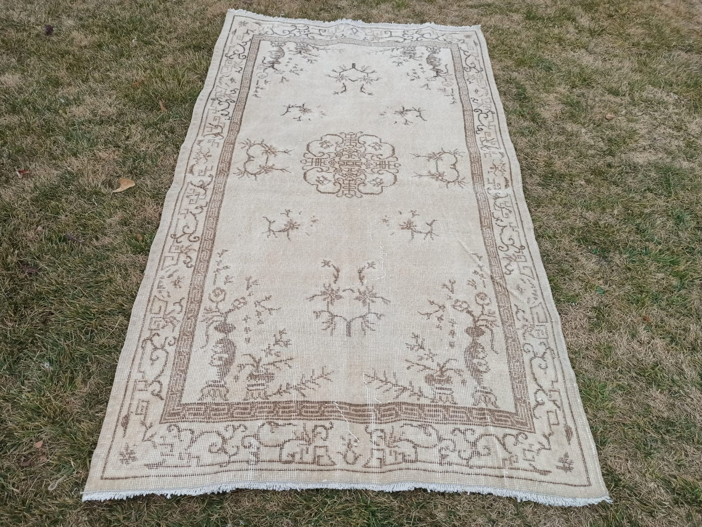 Hand Knotted Wool Affordable Oushak Rug, Pastel Turkish Vintage Rug (3.7 x 6.4 ft)