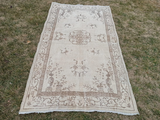 Hand Knotted Wool Affordable Oushak Rug, Pastel Turkish Vintage Rug (3.7 x 6.4 ft)
