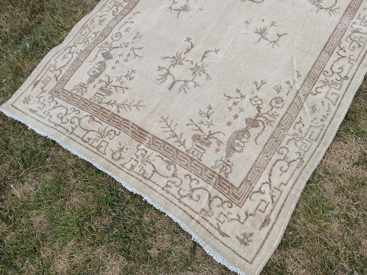 Hand Knotted Wool Affordable Oushak Rug, Pastel Turkish Vintage Rug (3.7 x 6.4 ft)