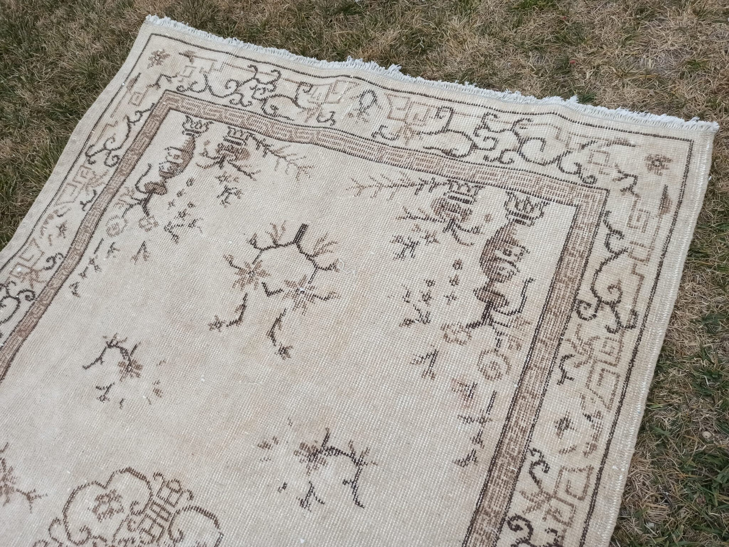 Hand Knotted Wool Affordable Oushak Rug, Pastel Turkish Vintage Rug (3.7 x 6.4 ft)