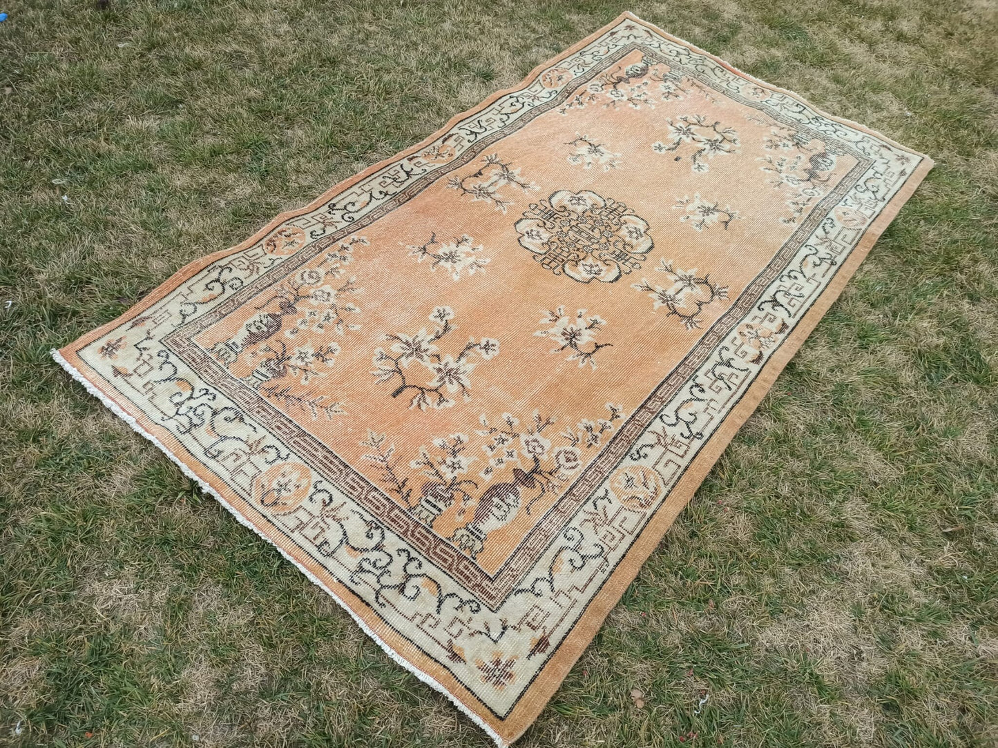 4x7 Vintage Affordable Oushak Rug, Handmade Wool Anatolian Rug