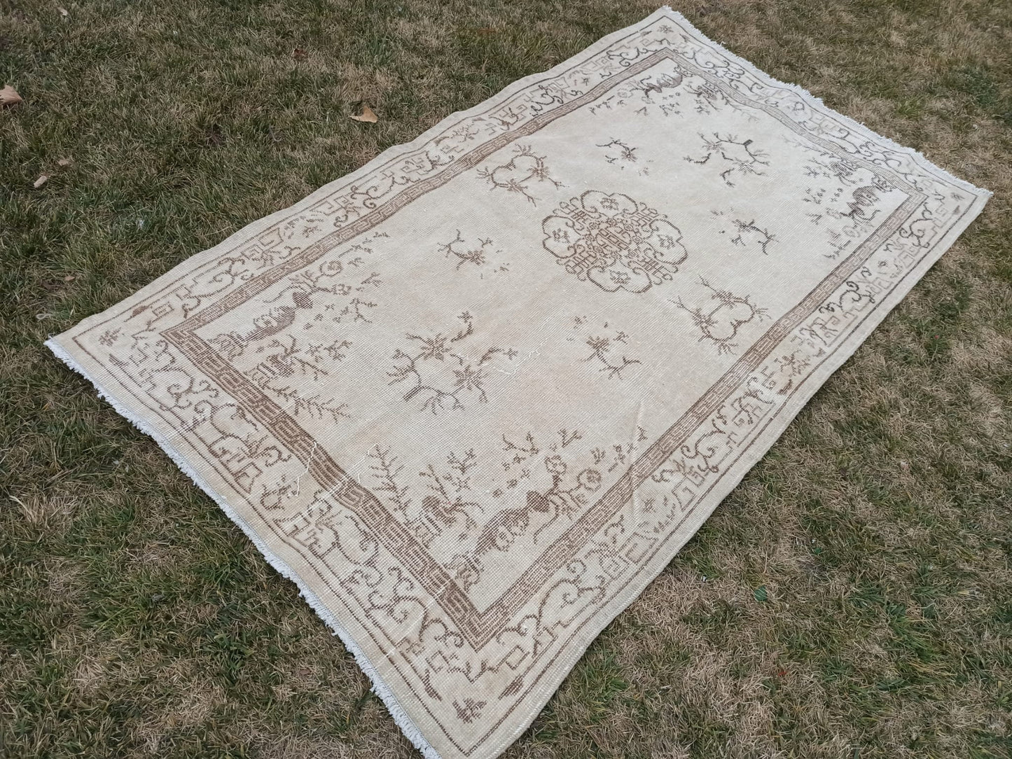 Hand Knotted Wool Affordable Oushak Rug, Pastel Turkish Vintage Rug (3.7 x 6.4 ft)