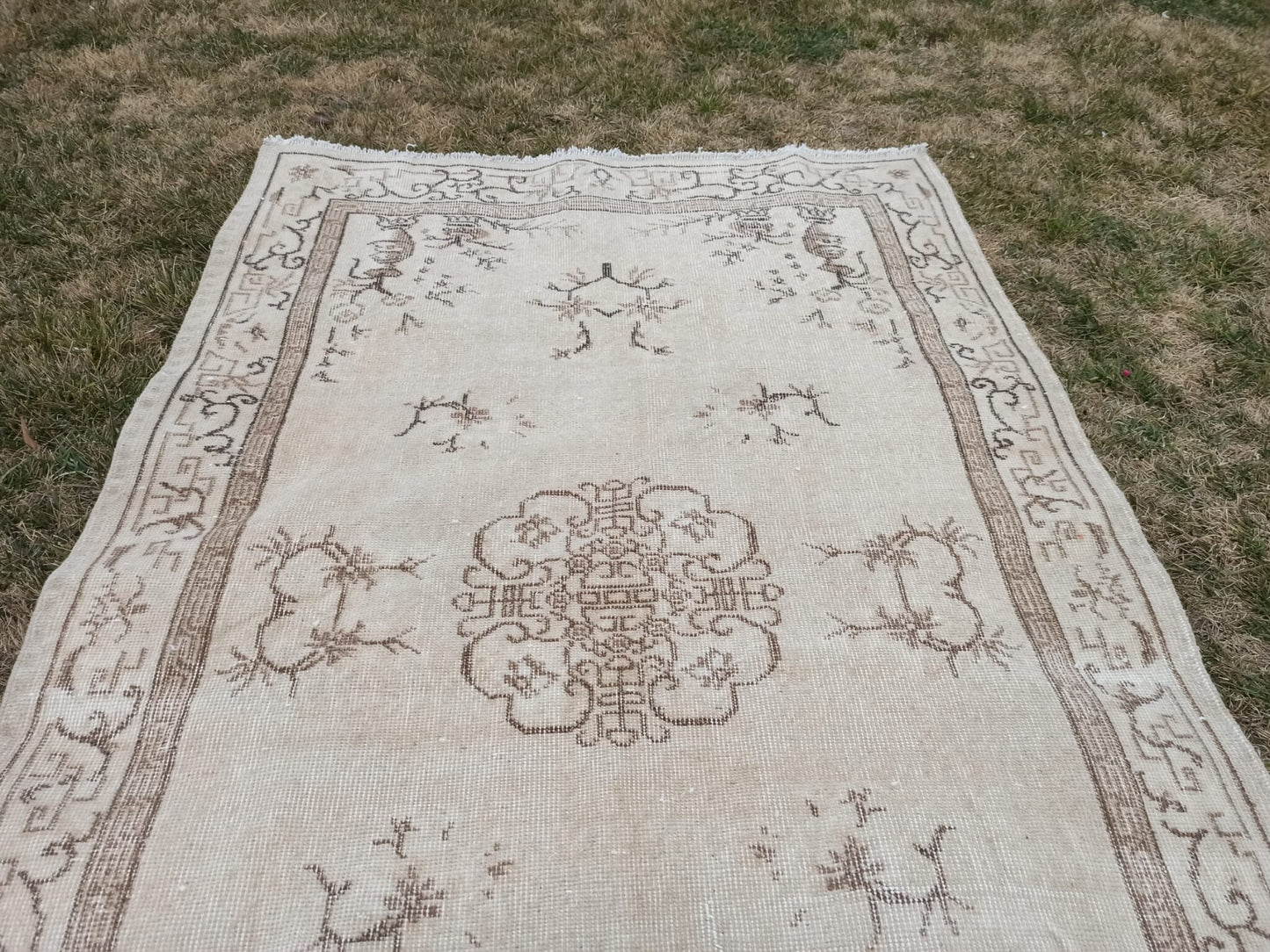 Hand Knotted Wool Affordable Oushak Rug, Pastel Turkish Vintage Rug (3.7 x 6.4 ft)