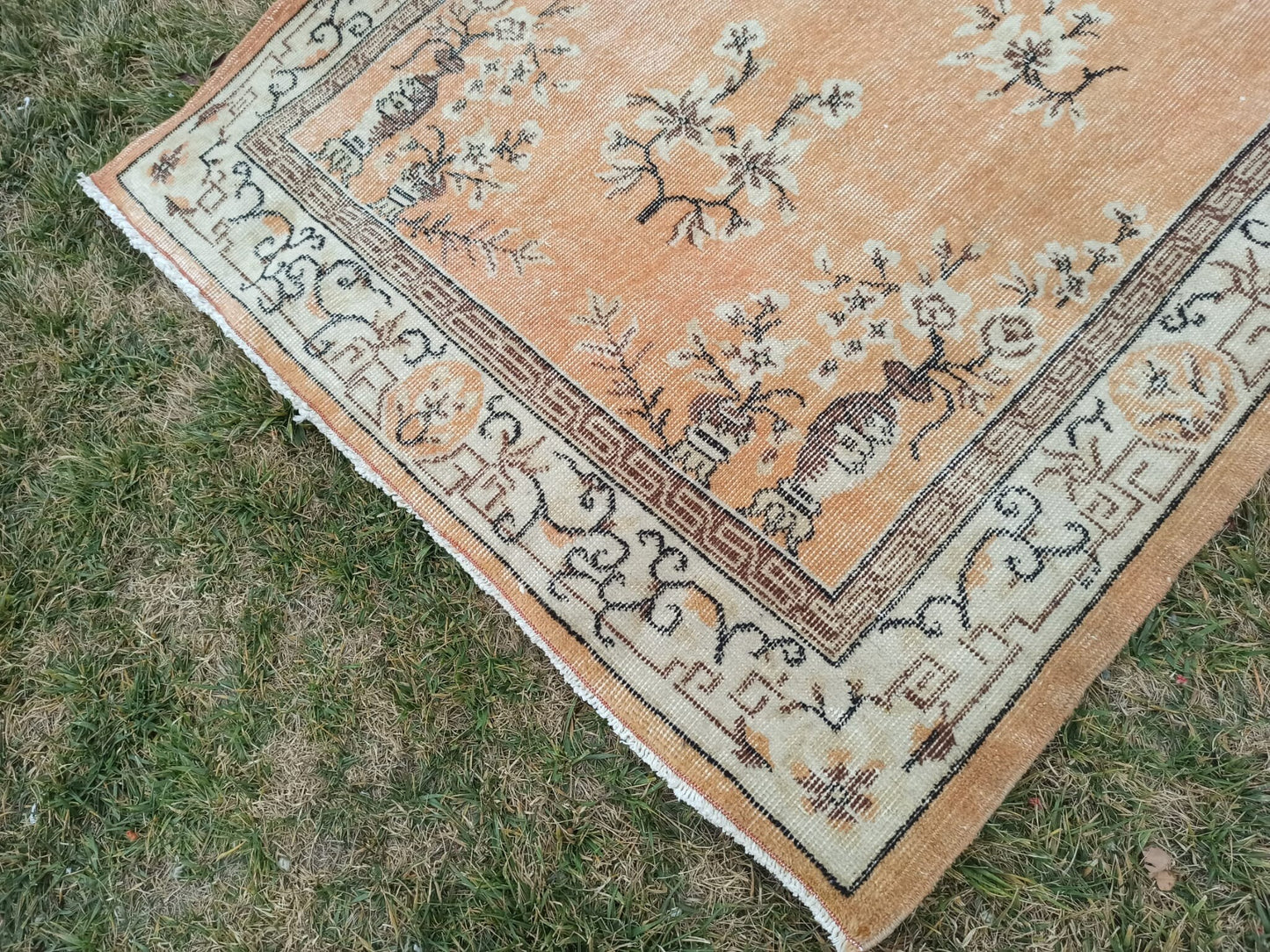 4x7 Vintage Affordable Oushak Rug, Handmade Wool Anatolian Rug