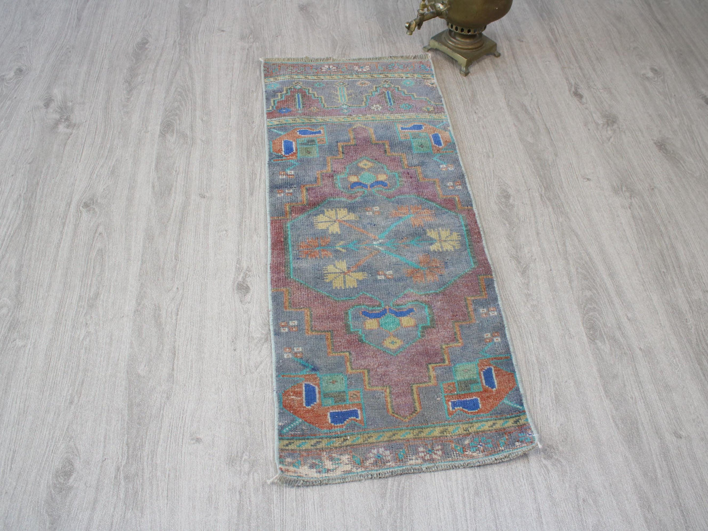 1x3 Gray Purple Turkish Doormat Rug, Vintage Anatolian Small Rug(1.4x3.4)Ft