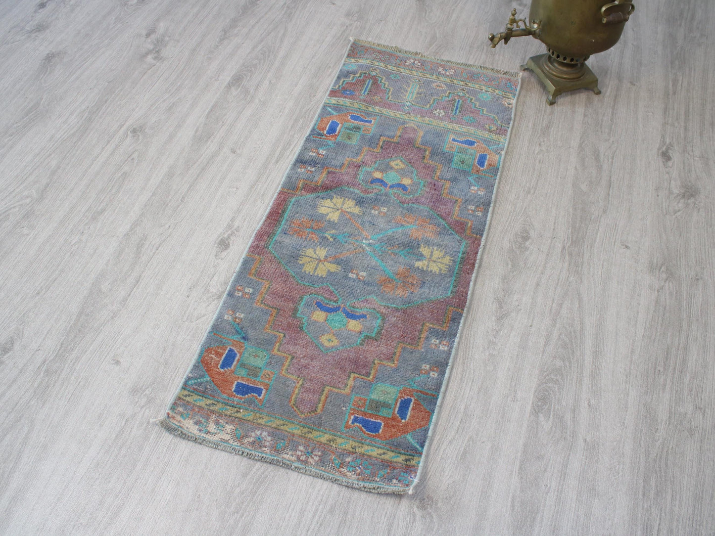1x3 Gray Purple Turkish Doormat Rug, Vintage Anatolian Small Rug(1.4x3.4)Ft