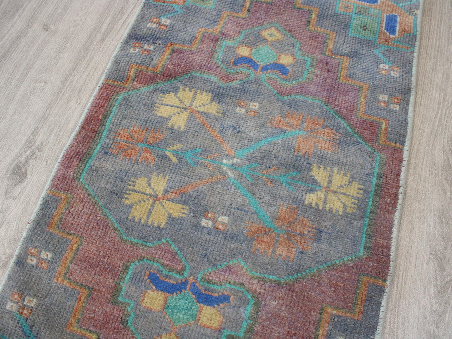 1x3 Gray Purple Turkish Doormat Rug, Vintage Anatolian Small Rug(1.4x3.4)Ft