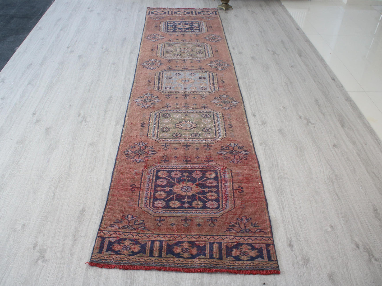 3x12 Brown Blue Turkish Runner Rug, Handmade Oriental Vintage Rug(2.9x11.5)Ft