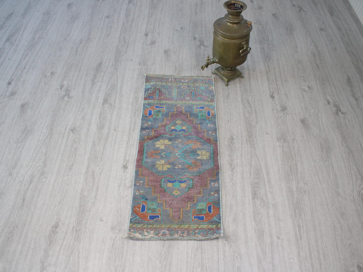1x3 Gray Purple Turkish Doormat Rug, Vintage Anatolian Small Rug(1.4x3.4)Ft