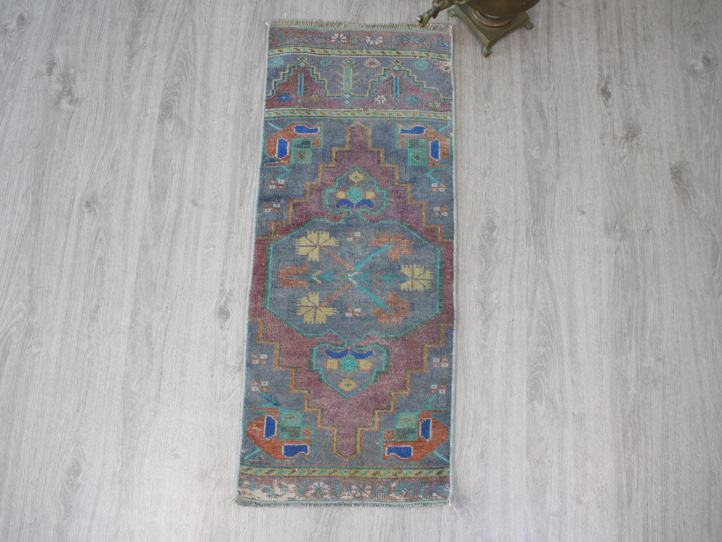 1x3 Gray Purple Turkish Doormat Rug, Vintage Anatolian Small Rug(1.4x3.4)Ft