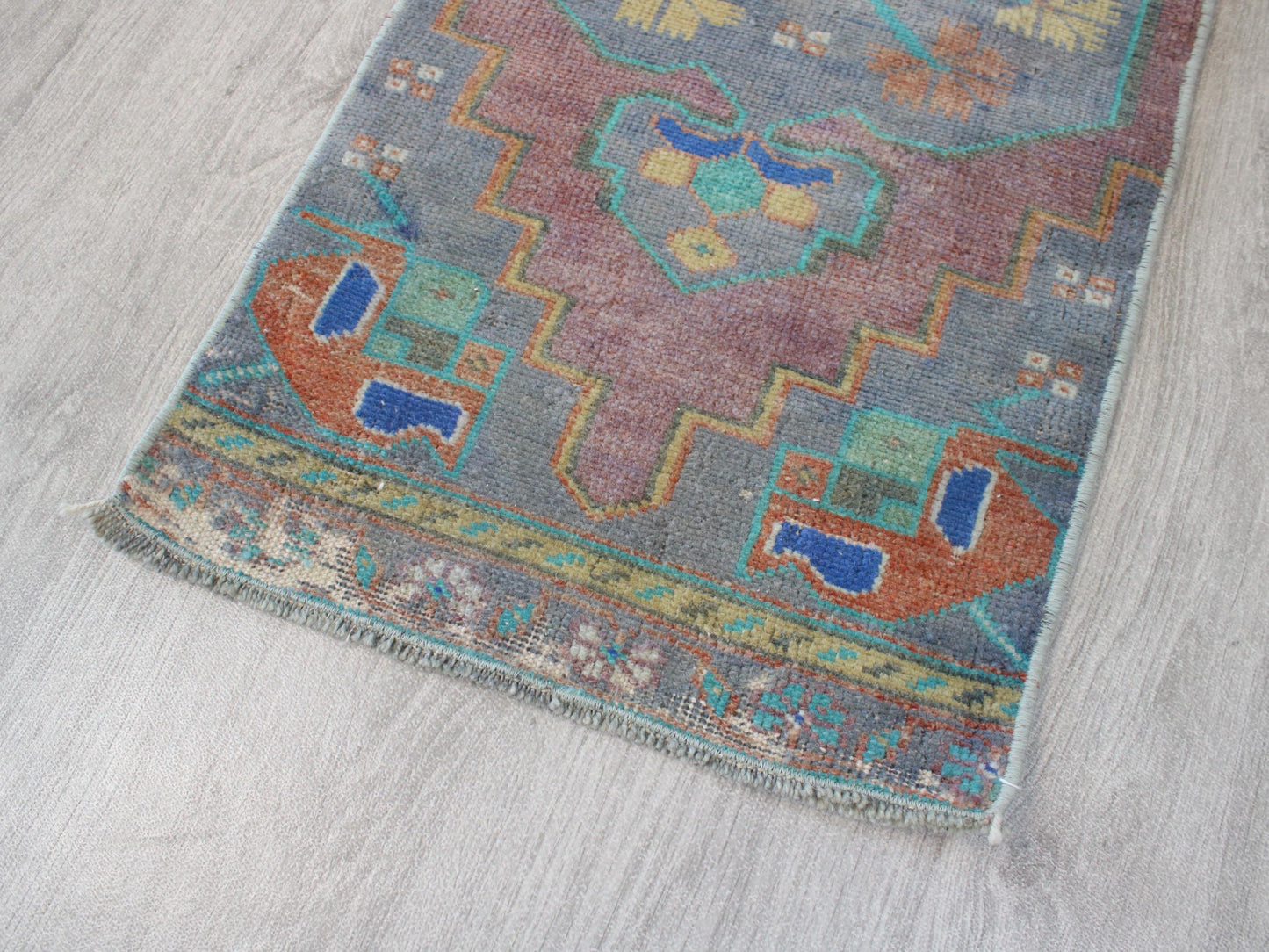 1x3 Gray Purple Turkish Doormat Rug, Vintage Anatolian Small Rug(1.4x3.4)Ft