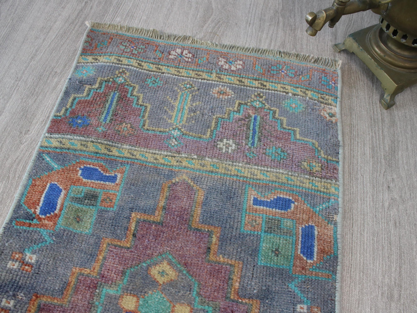 1x3 Gray Purple Turkish Doormat Rug, Vintage Anatolian Small Rug(1.4x3.4)Ft