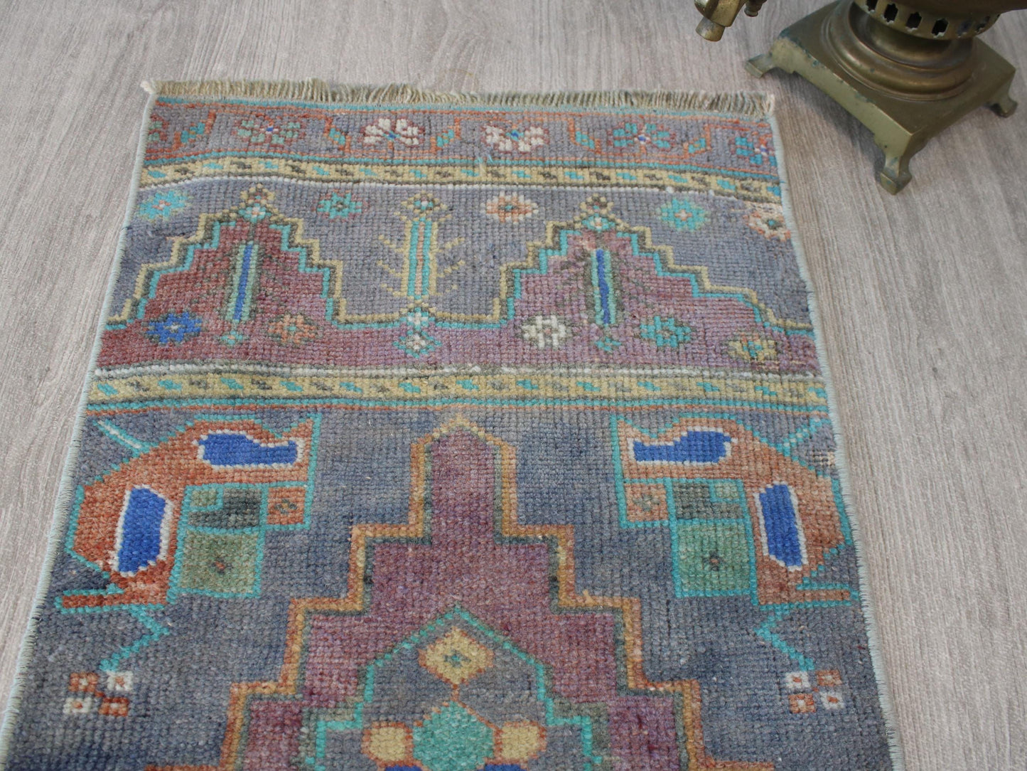 1x3 Gray Purple Turkish Doormat Rug, Vintage Anatolian Small Rug(1.4x3.4)Ft