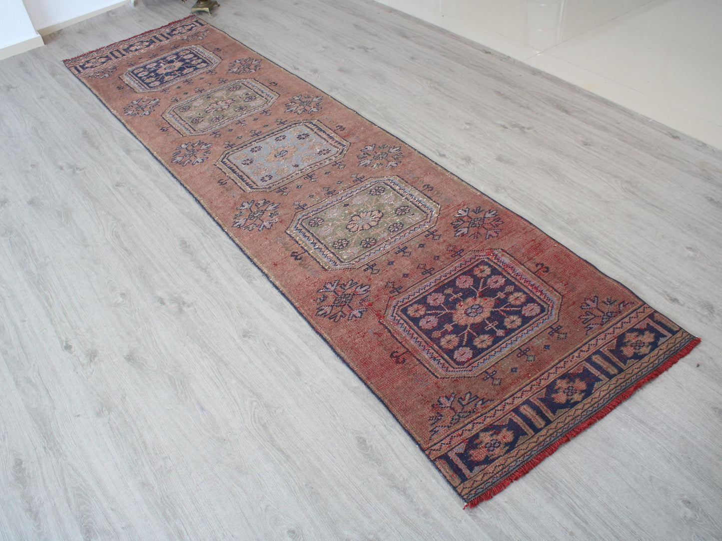 3x12 Brown Blue Turkish Runner Rug, Handmade Oriental Vintage Rug(2.9x11.5)Ft
