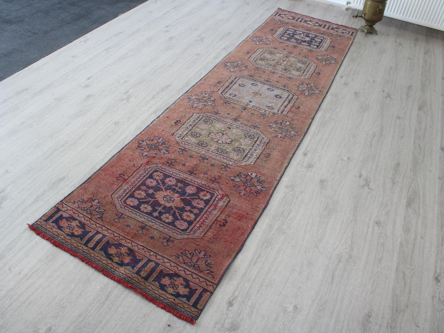 3x12 Brown Blue Turkish Runner Rug, Handmade Oriental Vintage Rug(2.9x11.5)Ft