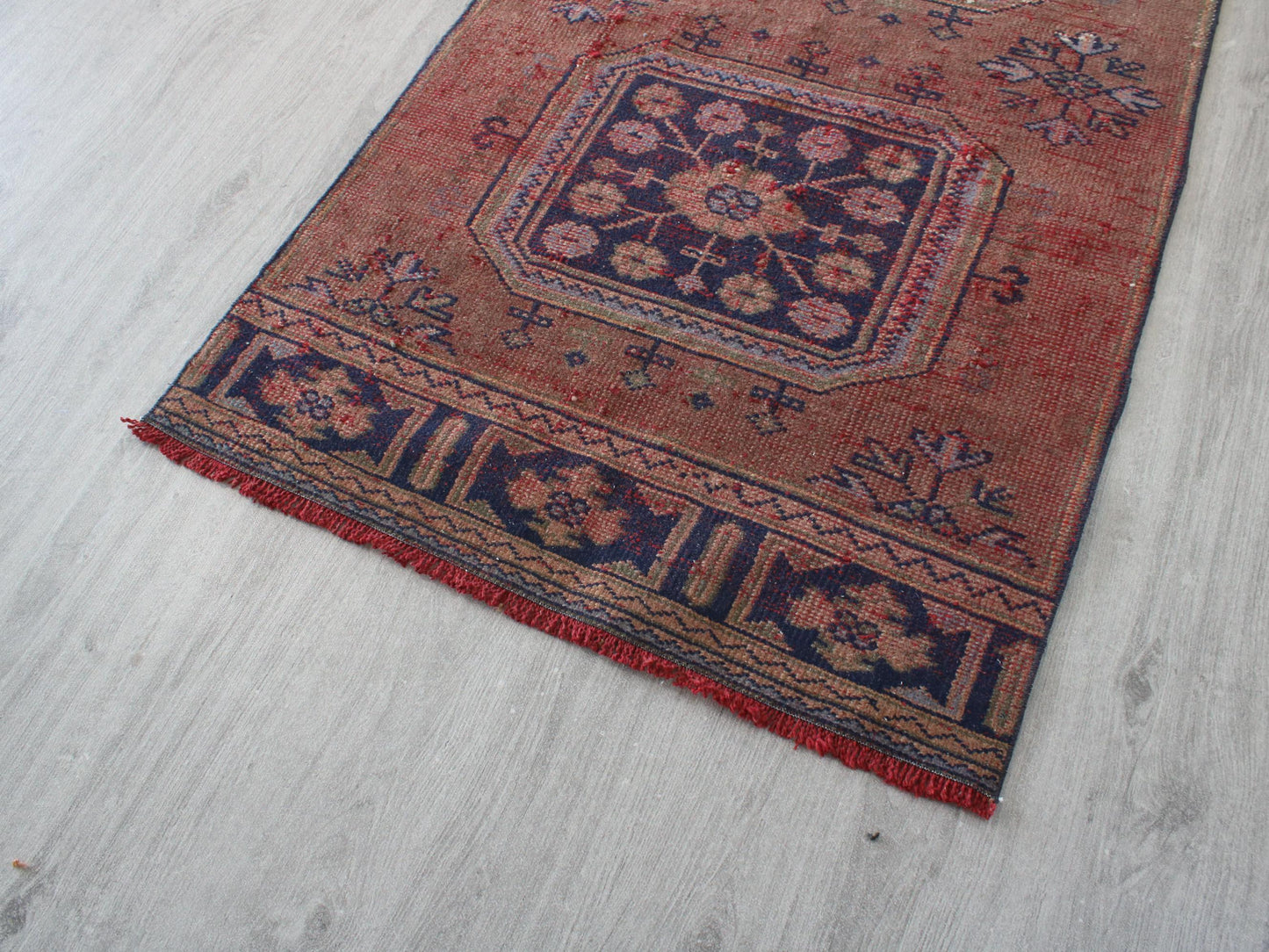 3x12 Brown Blue Turkish Runner Rug, Handmade Oriental Vintage Rug(2.9x11.5)Ft