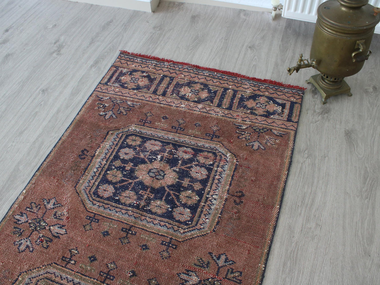 3x12 Brown Blue Turkish Runner Rug, Handmade Oriental Vintage Rug(2.9x11.5)Ft