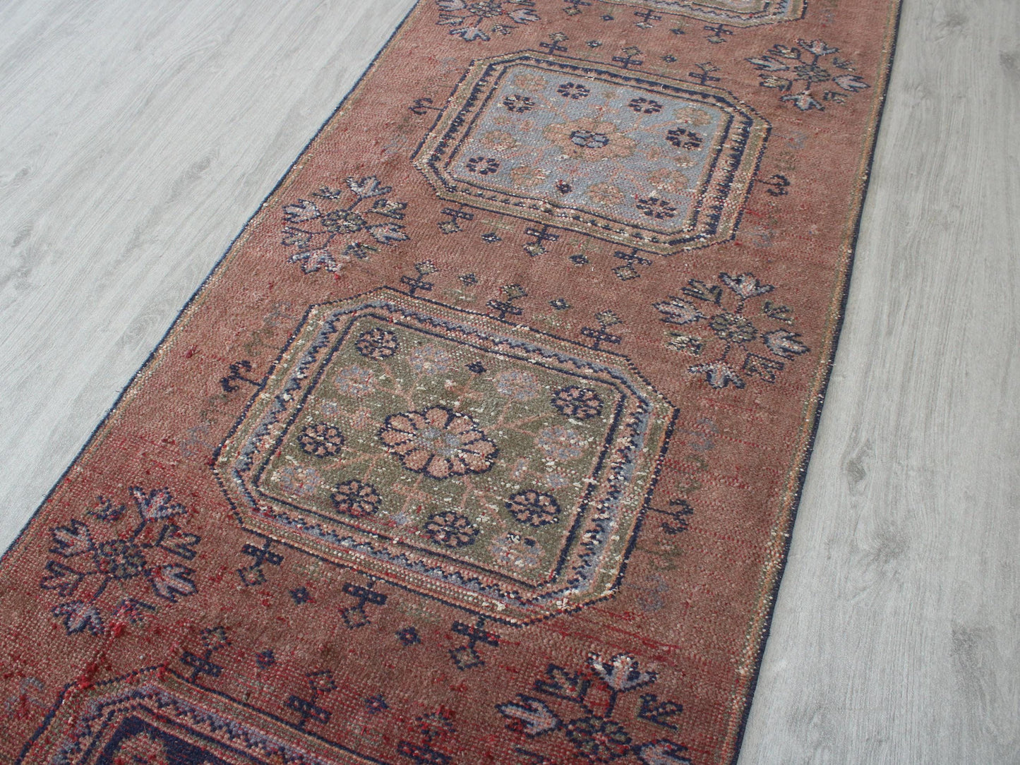 3x12 Brown Blue Turkish Runner Rug, Handmade Oriental Vintage Rug(2.9x11.5)Ft