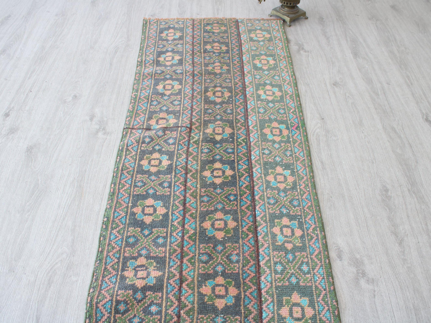 Affordable Oushak Traditional Patchwork Runner Rug, 2x10 Ft, Blue Green Patchwork Rug, Hallway Runner, Farmhause Rug, Kitchen Rug