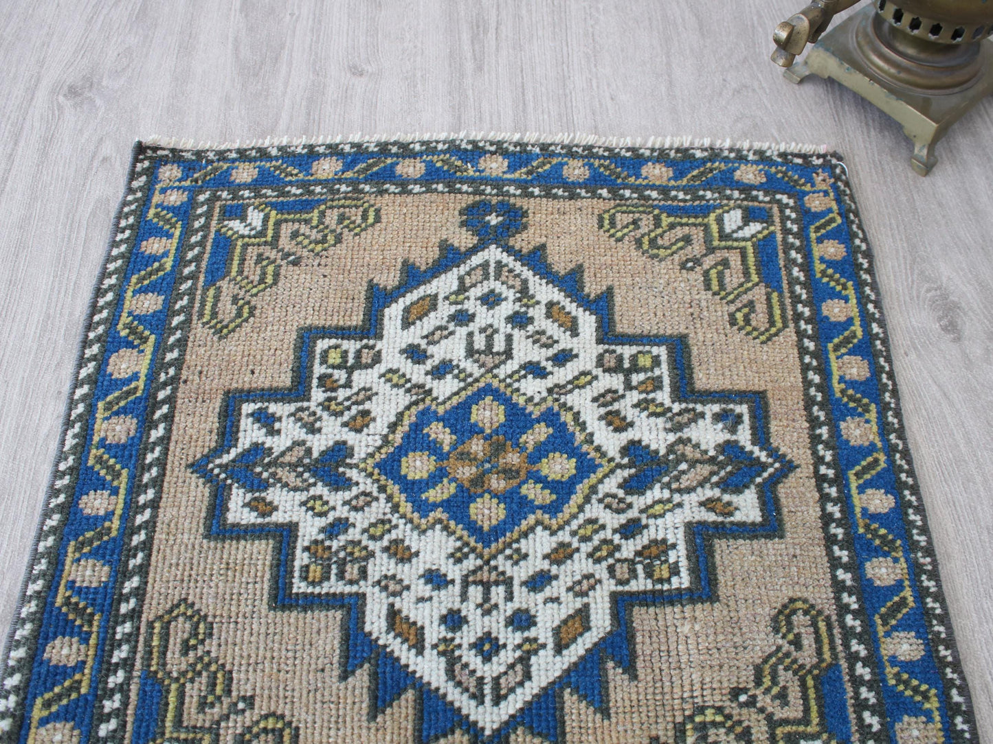 Square Entry Mat, Small Doormat Rug, Vintage Blue Welcome Rug, 2x2 Ft, Wool Turkish Rug, Anatolian Traditional Mini Rug